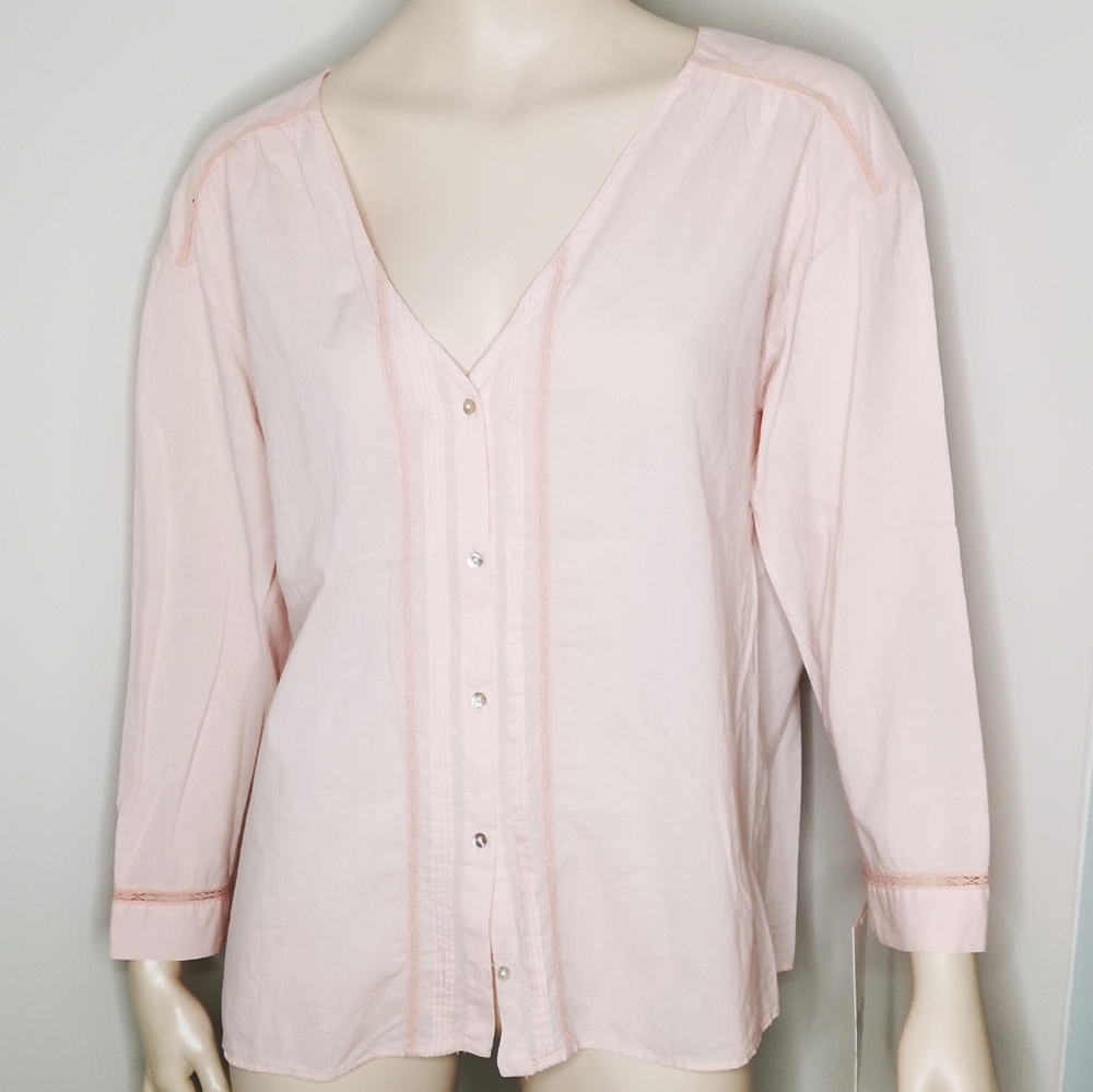 NWT Zara Cotton Pintucked & Lace Collarless Blouse
